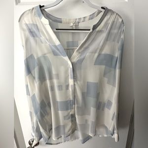New Joie long sleeve blouse white with blue block shapes size L